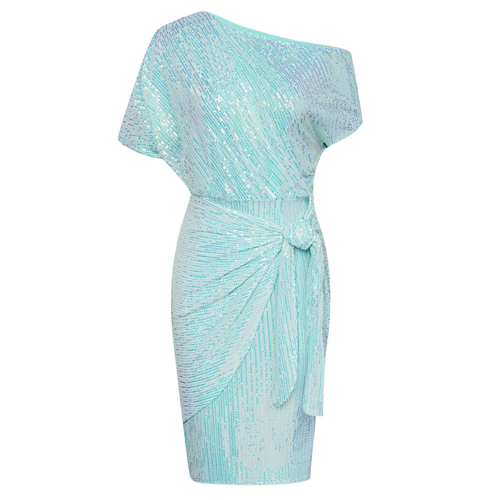 GK Cocktail Dresses For Women Sequined Party Dress Summer Ruched Short Sleeve Asymmetric Off Shoulder Bodycon Dress Vestidos