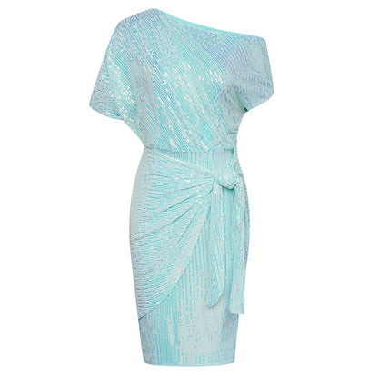 GK Cocktail Dresses For Women Sequined Party Dress Summer Ruched Short Sleeve Asymmetric Off Shoulder Bodycon Dress Vestidos