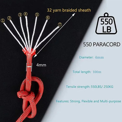Reflective Paracord Rope, Military, 7 Strand, 4mm, 550 Tactical Parachute Cord, Camping Tent, Lanyard, DIY Bracelet Weaving Rope