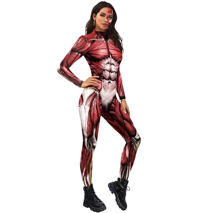 Women's Halloween Horror Role Bloodstained Jumpsuit Scary Cosplay Costume Bodysuit Uniform for Party
