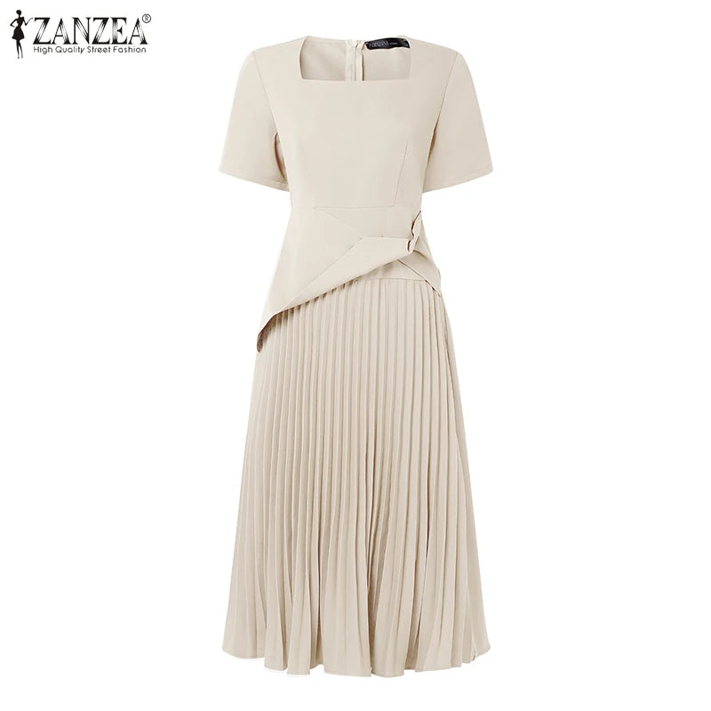 ZANZEA Elegant Office Work Dresses 2025 Women Summer Dress Square Neck Party Sundress Fashion Short Sleeve Pleated Vestidos Robe
