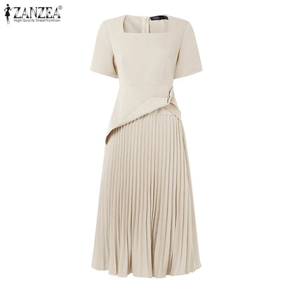 ZANZEA Elegant Office Work Dresses 2025 Women Summer Dress Square Neck Party Sundress Fashion Short Sleeve Pleated Vestidos Robe