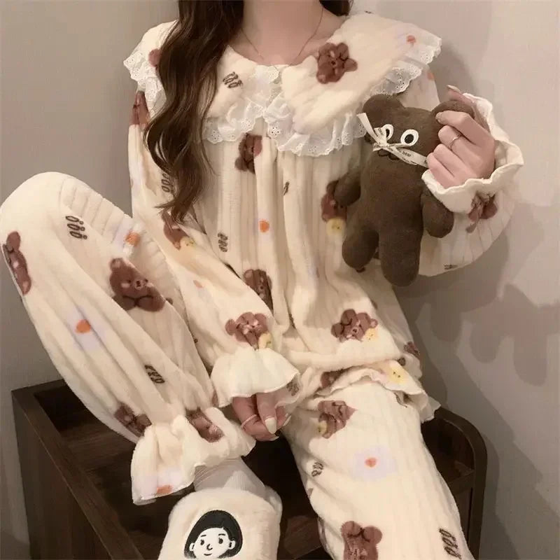 Ruffles Pajamas for Women Autumn Winter Peter Pan Collar Ruffle Sleeve Pajama Top and Elastice Waist Pants 2 Pcs Pajama Sets