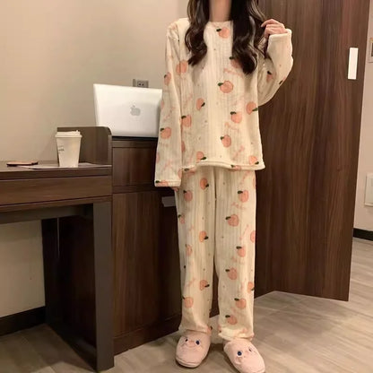 Adorable Sweet Coral Fce Thiened Autumn Winter Spwear Women's Casual Home Clothes Set Long Pants Comfortable Leisure ...