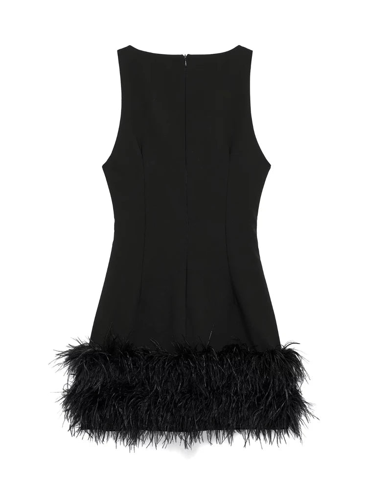 MUJER Feather Mini Dress Women Black Sleeveless Corset Dress Woman off Shoulder Party Dresses for Women Luxury Short Dress