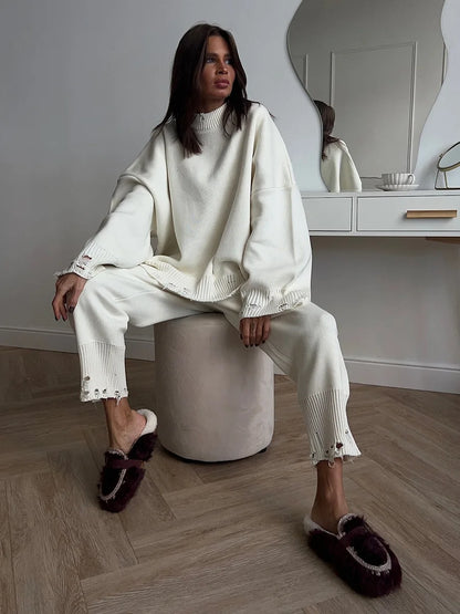 Bornladies Autumn Winter Women's New Turtleneck Knit Sweater Skinny Knit Pants Set Soft Oversized Ripped Hem Fashion Pullover