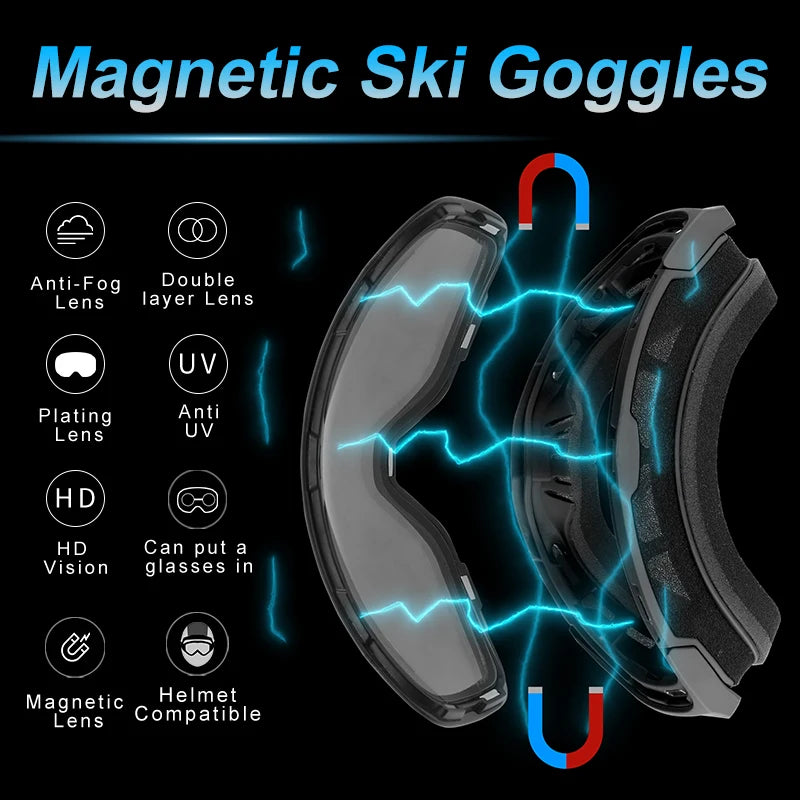 PHMAX Magnetic Ski Goggles UV400 Skiing Eyewear Anti-fog Lens Women Men Winter Outdoor Sports Mountain Snowboard Big Snow Goggle