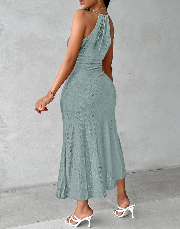 Womens Dresses Spring Fashion Tropical Print Halter A Line Sleeveless Front Slit Ruched Maxi Dress Casual Vacation Dress