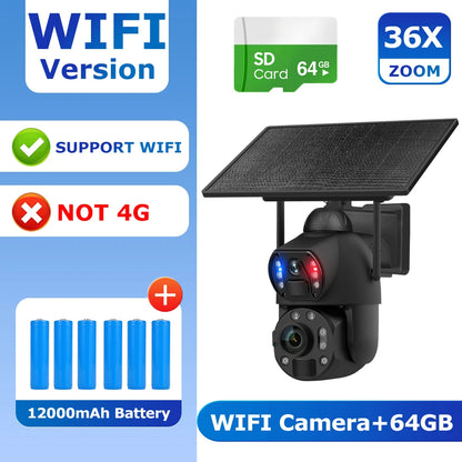 SHIWOJIA 4K 8MP 36X Zoom 4G Solar Camera Dual Lens Dual Screen Human Detect Auto Tracking Outdoor 10W Solar Panel WIFI CCTV