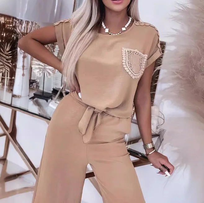 Two Piece Set Women Outfit Summer Lace Patchwork Round Neck Short Sleeved Lace Up Top & Casual Daily Wide Leg Pants Set