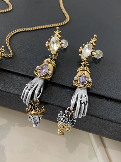 HUANZHI Retro Skeleton Hands Zircon Drop Earrings for Woman Hip-hop Golden Crown Skeleton Dangle Earrings Jewelry Wholesale Gift