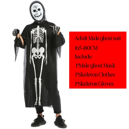 Halloween Scary Skeleton Ghost Cosplay Costume Masks Gloves Costume Suit Masquerade Carnival Horror Clothes for Adults Kids