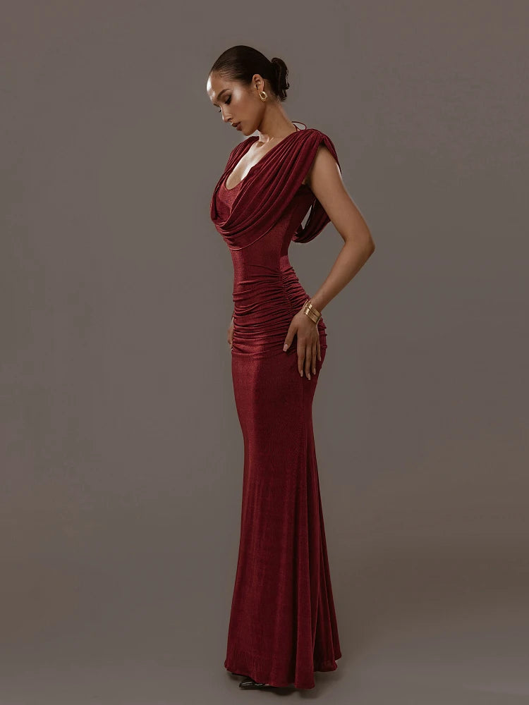 Sisterlinda Ruched Elegant Velvet Dress Women Swing Collar Classic Sexy Fashion Solid Skinny Evening Cocktail Party Long Bodycon