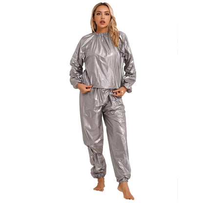 2Pcs Women Sauna Suit PVC Long Sleeve Elastic Cuff Top Pants Set Fitness Gym Workout Outfit Sweat Suits for Adults Clothes Sets