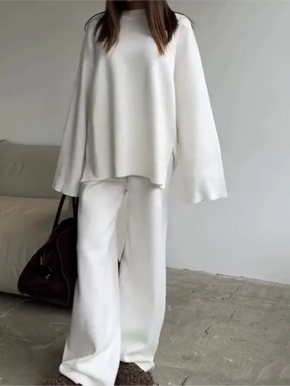 2025 Solid Color Knitted Sweater Two Piece Set Women Fashion Loose O Neck Knitting Pullover Trousers Sets Female Simple Style