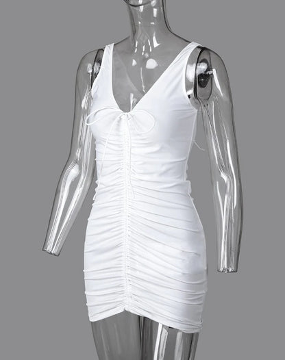 Womens Dresses  Summer Fashion V-Neck Drawstring Ruched Backless Sexy Plain Sleeveless Bodycon Mini Night Out Dress