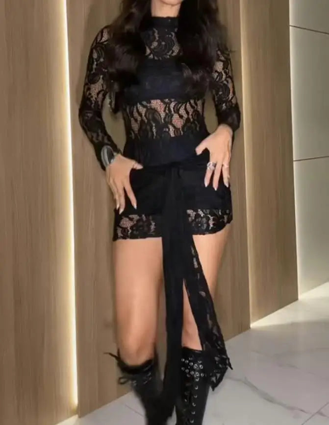 Womens Dresses Spring New Solid Color High Neck Tied Detail Shell Button Decor Sheer Lace Dress Casual Slim Fit Mini Dress