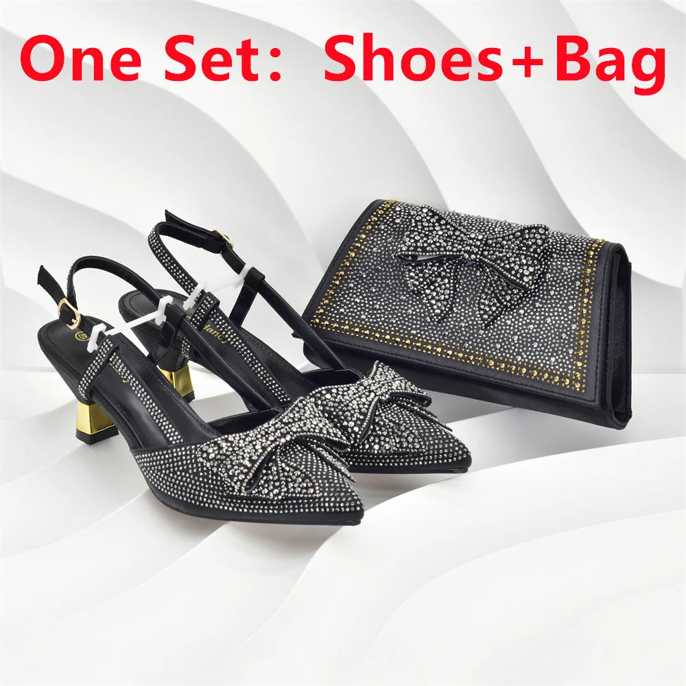 2025 Fashiona Banquet Exquisite Party Top Luxury Pointed Toe Bowtie Bright Diamond Summer Women's High Heels Shoes and Bags Set
