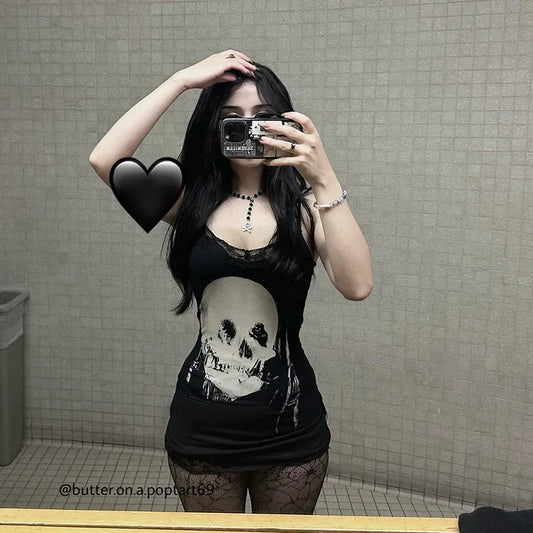 Gothic Skull Print Club Party Cami Mini Dress Women's Harajuku Emo Grunge Punk Backless Lace Trim  Bodycon
