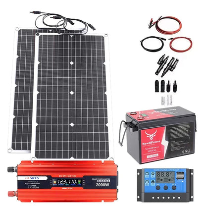 2000W Off-Grid Solar Complete Kit Power 100A Controller,110V 220V Inverter&10AH 30AH LiFePO4 Battery for Home/RV/Camping
