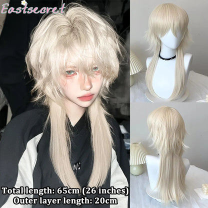 EAST Red Long Straight Synthetic Mullet Head Wig Wolf Tail Layered Fluffy Women and Men Wig for Daily Party Lolita Cosplay