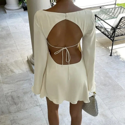 Tuularose Satin Backless Dress Women's Sexy Hollow Lace Up Long Sleeve A-Line Short Dress Elegant Swing Neck Party Evening Dress