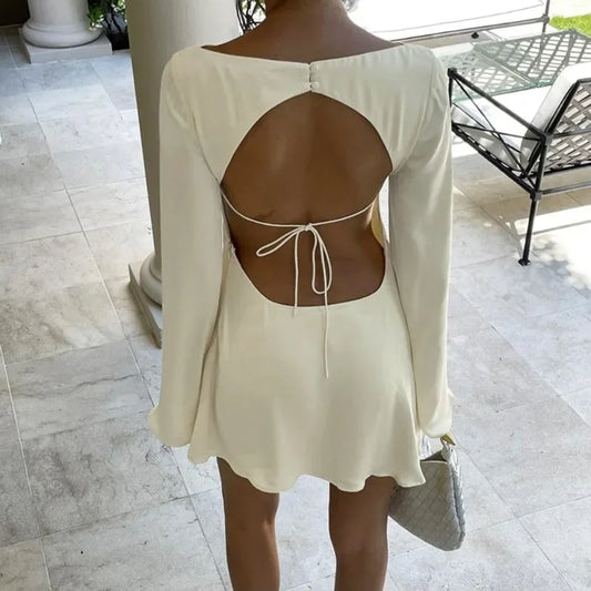 Tuularose Satin Backless Dress Women's Sexy Hollow Lace Up Long Sleeve A-Line Short Dress Elegant Swing Neck Party Evening Dress