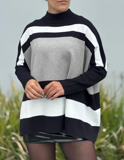 Women's Sweater Spring Autumn New Fashion Striped High Neck Long Sleeve Causal Loose Daily Pullover Sweater