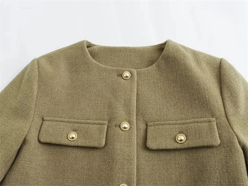 TRAF 2024 Cropped Tweed Jacket Woman Coat Button Long Sleeve Elegant Jackets For Women Short Coats Fashion New In Outerwears