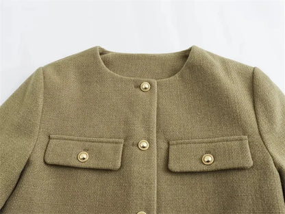 TRAF 2024 Cropped Tweed Jacket Woman Coat Button Long Sleeve Elegant Jackets For Women Short Coats Fashion New In Outerwears