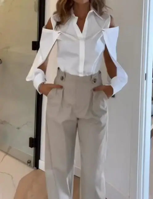 Two Piece Set Women Outfit Spring Summer New Elegant Off Shoulder Turn-Down Collar Shirt & High Waist Straight Pants Set