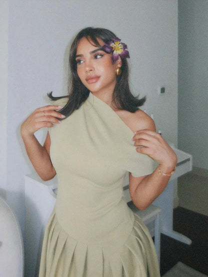 Summer Lady Patchwork Pleated Maxi Dress Chic Elegant Black Half-turtleneck Short Sleeve High Waist Dresses Office Street Robes