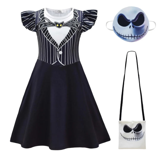 Halloween Skeleton Cosplay Costume for Kids Girl Jeck Striped Top Dress Outfit Horror Scary Christmas Party Uniform Mask Suit