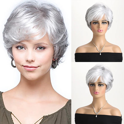 Short Natural Wigs with Bangs Soft Mommy Hair Daily Use Short  Grey Ombre Curly Synthetic Hair Costume Party Wig for Women