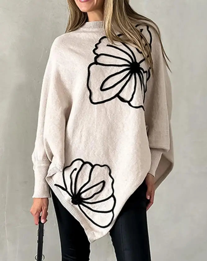 Women's Sweater Spring Autumn New Jacquard Batwing Sleeve Asymmetrical Pullover Sweater Casual Round Neck Loose Fit Top