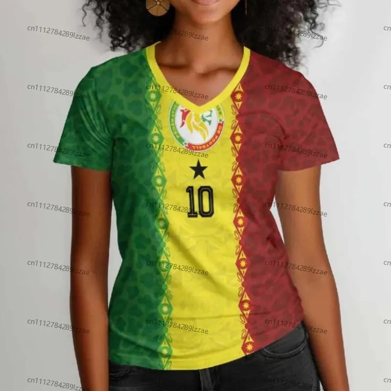 Women's Senegal Football Jersey V-Neck Tee African Team Pride Graphic Print Casual Breathable Sportswear Summer World Cup Fan Ge