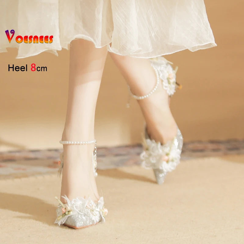 Women's Pumps Elegant Lady Evening Party Dress Prom Shoes 8CM Lace Flower Pearls Single Shoes Spring Summer Pointed High Heels