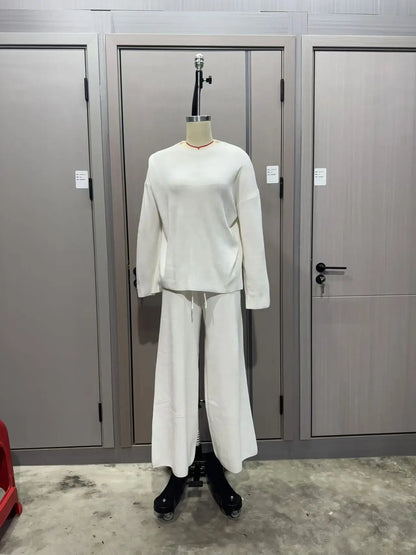2025 Solid Color Knitted Sweater Two Piece Set Women Fashion Loose O Neck Knitting Pullover Trousers Sets Female Simple Style