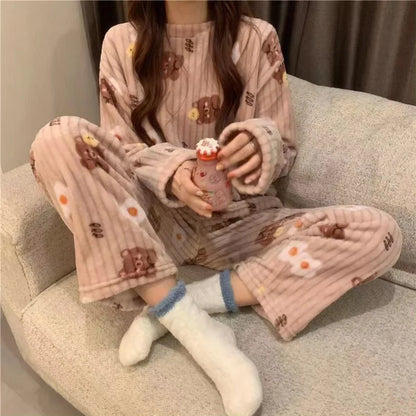 Adorable Sweet Coral Fce Thiened Autumn Winter Spwear Women's Casual Home Clothes Set Long Pants Comfortable Leisure ...