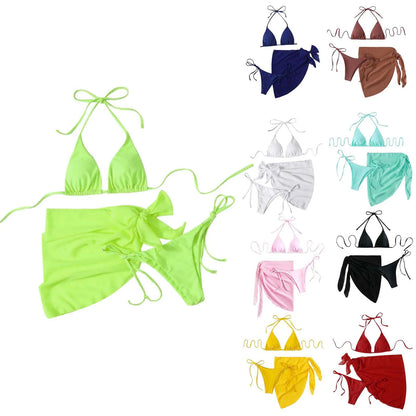 Sexy Three Pieces Bikini Set Women Summer Bikini With Sarong Skirt Solid Color Triangle Cup Tie Up Female Swimwear Swimming Suit