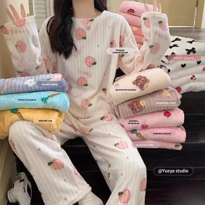 Adorable Sweet Coral Fce Thiened Autumn Winter Spwear Women's Casual Home Clothes Set Long Pants Comfortable Leisure ...