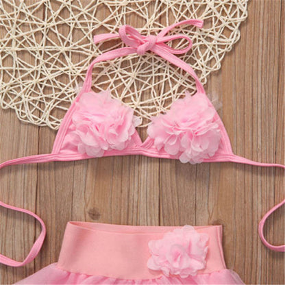 1-6years Baby Girls Swimwear Solid Pink Hanging-Neck Floral Top Tutu Skirt With Panty Swimsuits For Girl Summer Beach Bikini Set