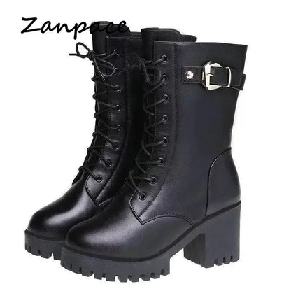 2025 Winter Leather Women Winter Boots Thick Wool Warm Women High-heeled Genuine Boot High-quality Female Snow Boots Women Shoes