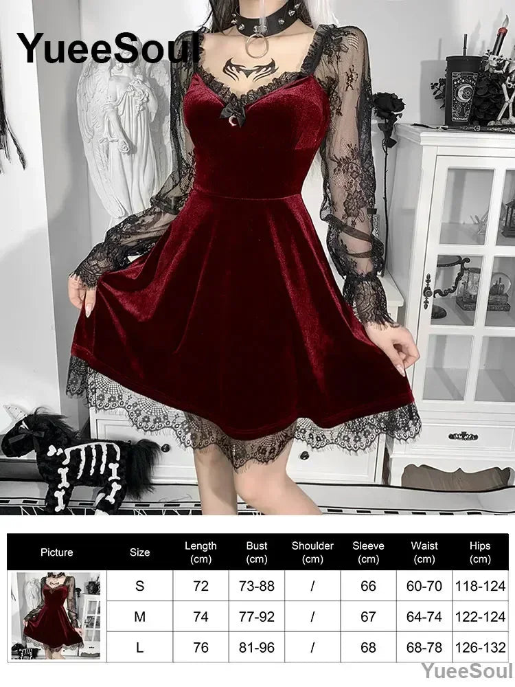 Halloween Gothic Grunge Punk Women Dress Long Sleeve Lace Slim Black Dresses 2025 New Y2K Harajuku Lolita Fairy Core Party Dress