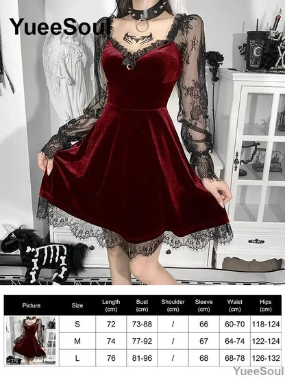 Halloween Gothic Grunge Punk Women Dress Long Sleeve Lace Slim Black Dresses 2025 New Y2K Harajuku Lolita Fairy Core Party Dress