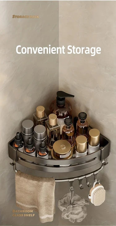 1pc Non-Drill Aluminum Bathroom Storage Rack - Wall-Mounted Corner Shelf for Shampoo, Makeup, and Accessories