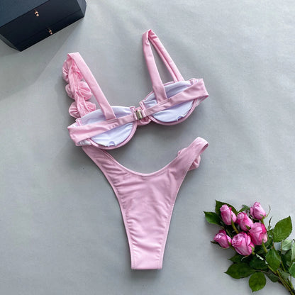 2024 New Bikini Set Womens Steel Plate Solid Color Three-dimensional Flower Split Ladies Swimsuit Women