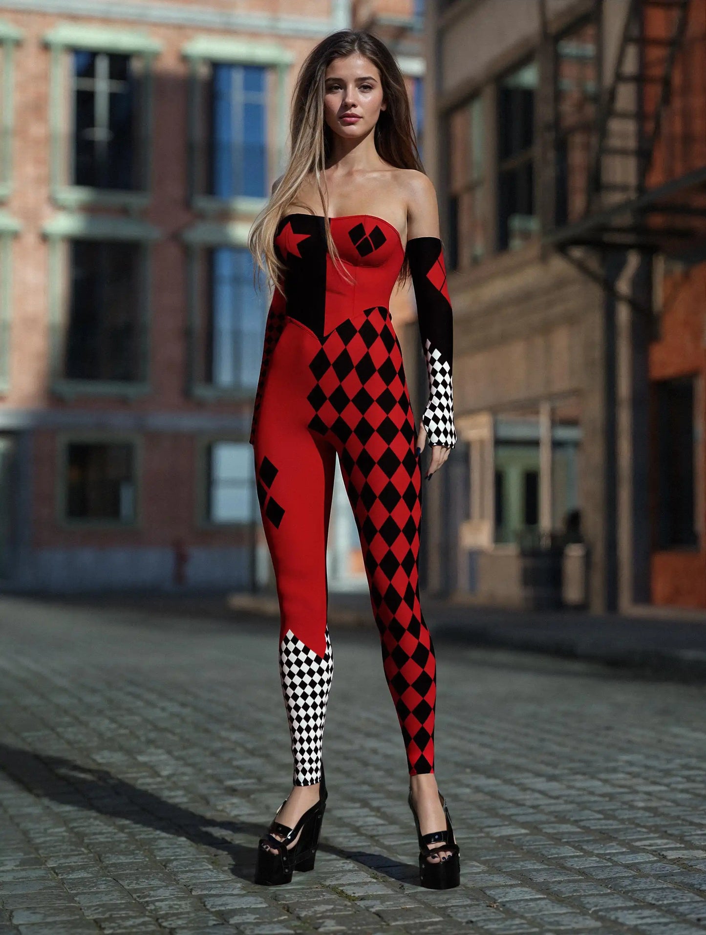 [You're My Secret] Halloween Cosplay Harley Q Clown Costume Sexy Jumpsuit for Women Bodysuit Masquerade Disguise Zentai Outfit