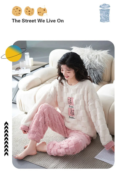 Thickened Warm Winter Couples Flannel Pajamas for Men and Women Cartoon Bear Sleepwear Loungewear Ladies Nightwear Homewear