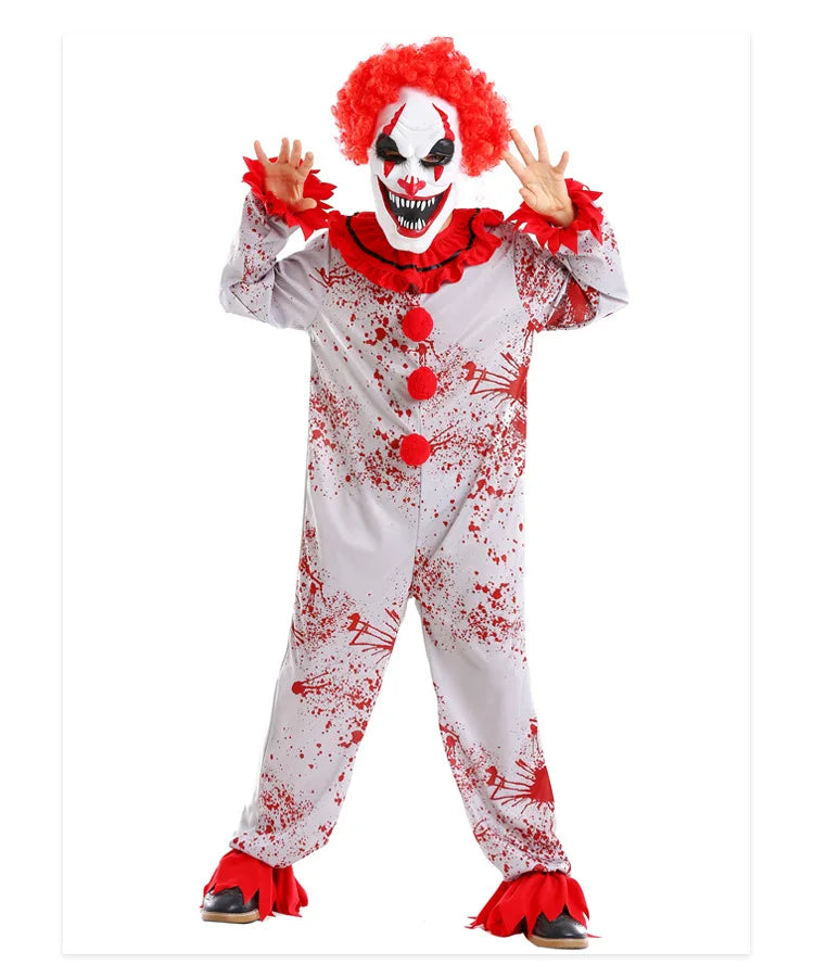 Movie Killer Clown Costume Cosplay For Boy Girl Scary Clown Gray Jumpsuit with Blood Fancy Hallween for Boys Terror Jumpsuit